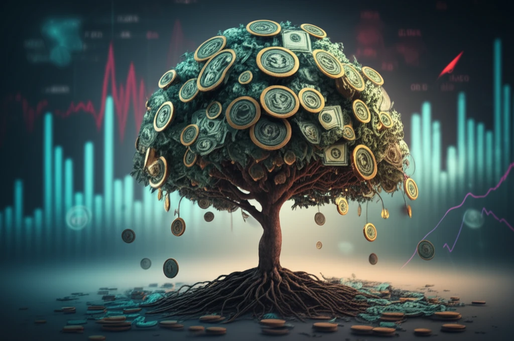 Blooming money tree symbolizing investment growth and financial analysis.