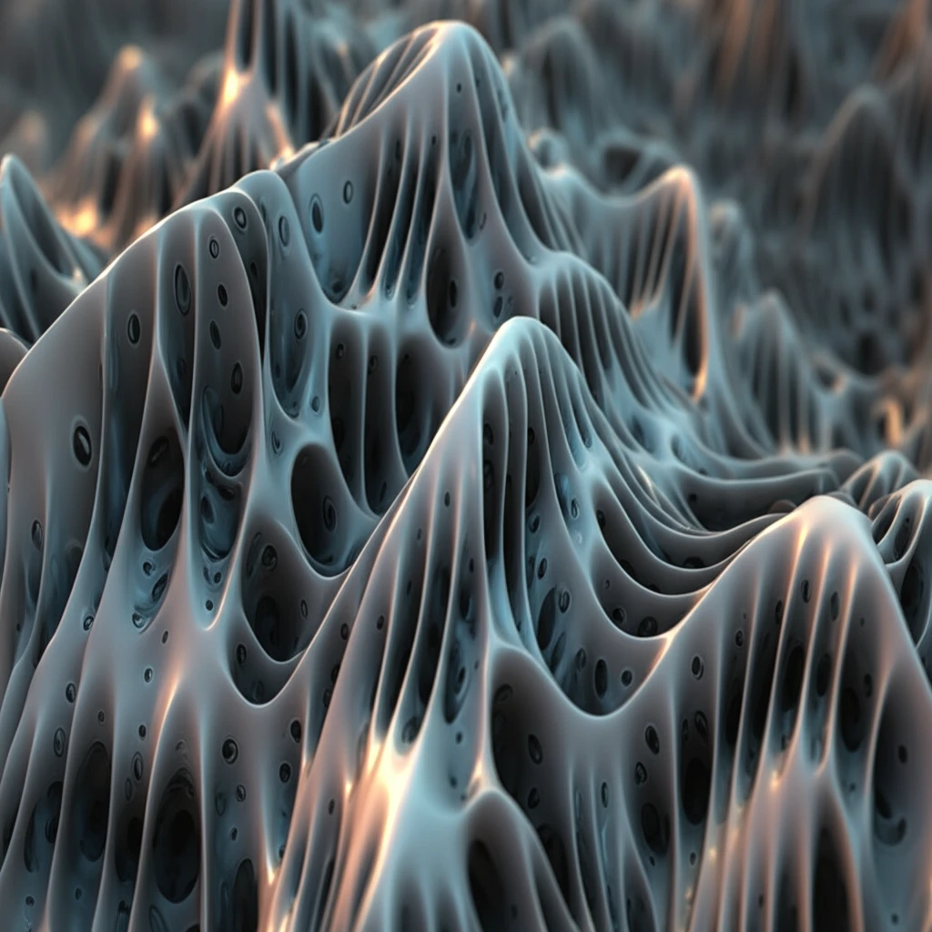 A digital illustration of a gyroid metamaterial surface interacting with light.