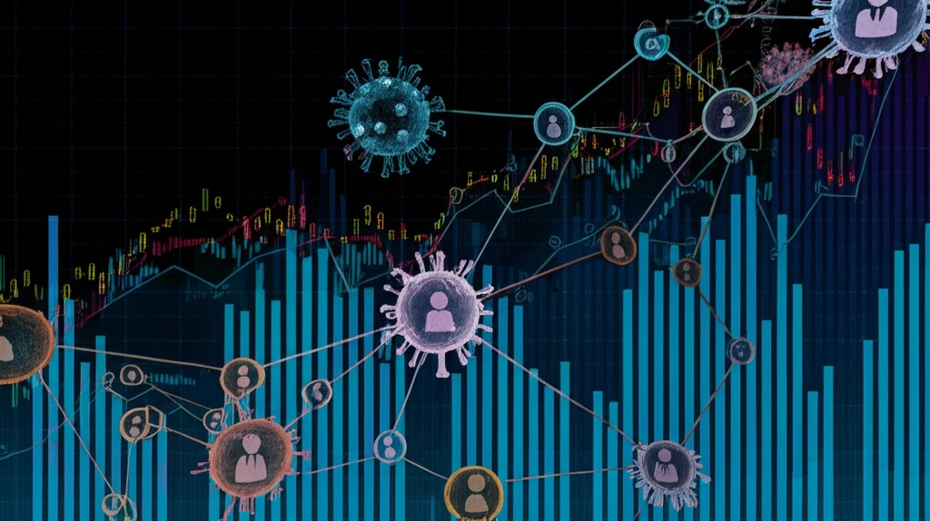 Digital illustration of interconnected nodes representing age groups and disease spread.