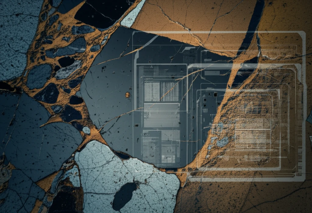 Microscopic view of archaeological thin section merging with digital interface.