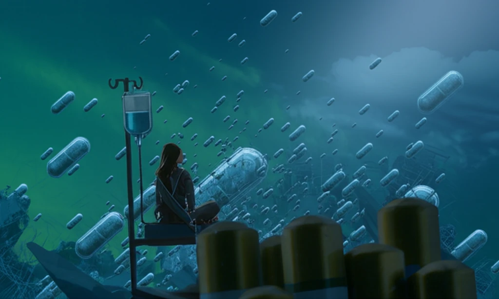 A patient surrounded by medical symbols, representing the balance between medication benefits and potential side effects.
