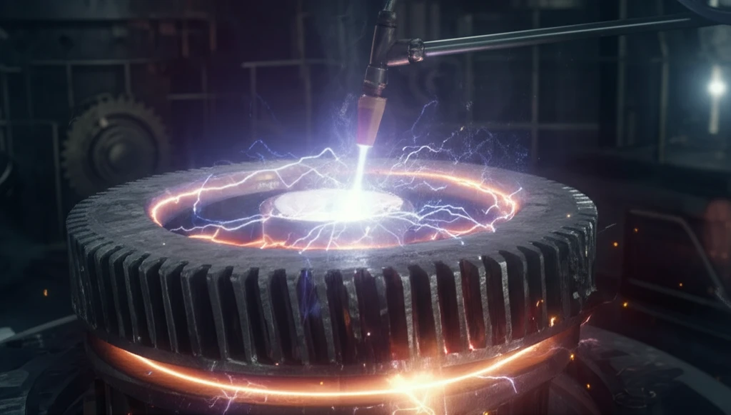 Plasma torch applying protective coating to a gray cast iron gear.
