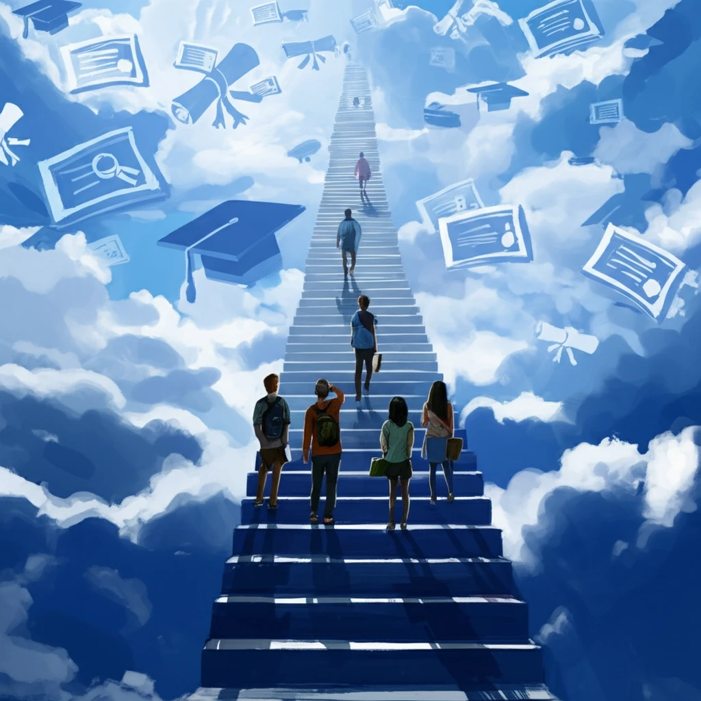 Surreal image of undocumented students aspiring to climb a staircase to their dreams.