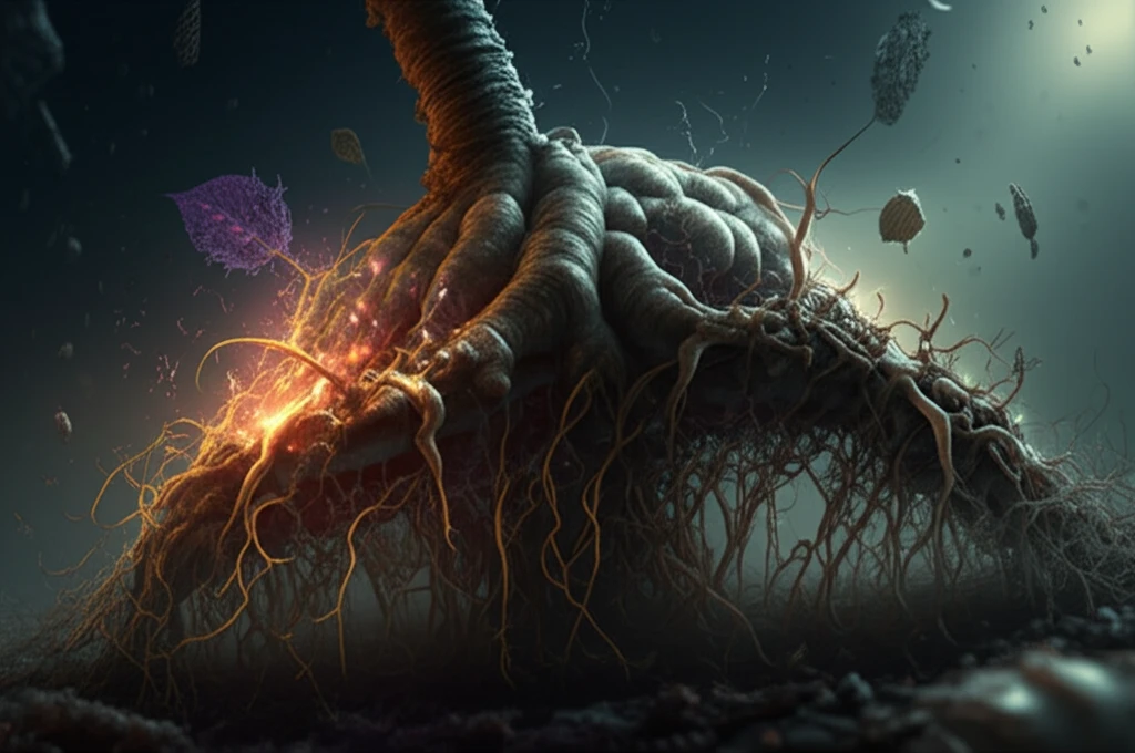 Botanical root transforming into cellular structure attacked by light particles