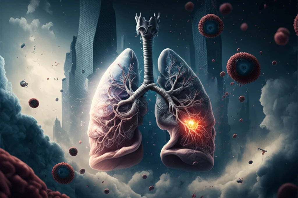 Surreal illustration of smog-filled lungs, symbolizing PM2.5 disrupting metabolic balance.