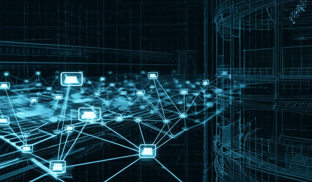 Interconnected service nodes with data flow on a blueprint background symbolizing SOA architecture.