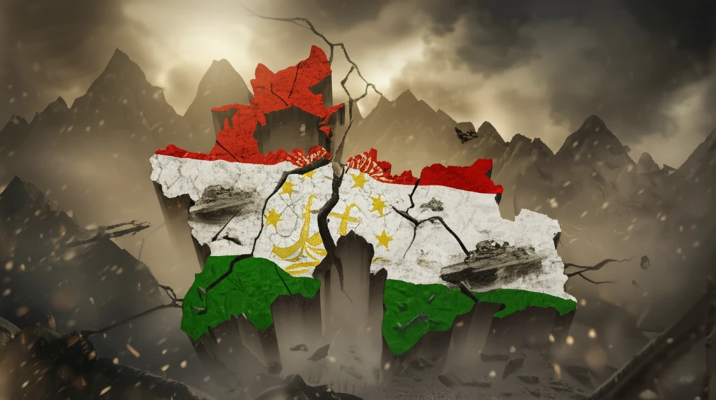 Fractured map of Tajikistan merging into Afghan mountains, symbolizing interconnected fates and civil war aftermath.