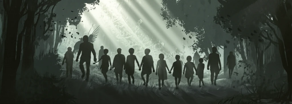 A surreal illustration of migrant children navigating a dangerous path, symbolizing their vulnerability and the need for protection.