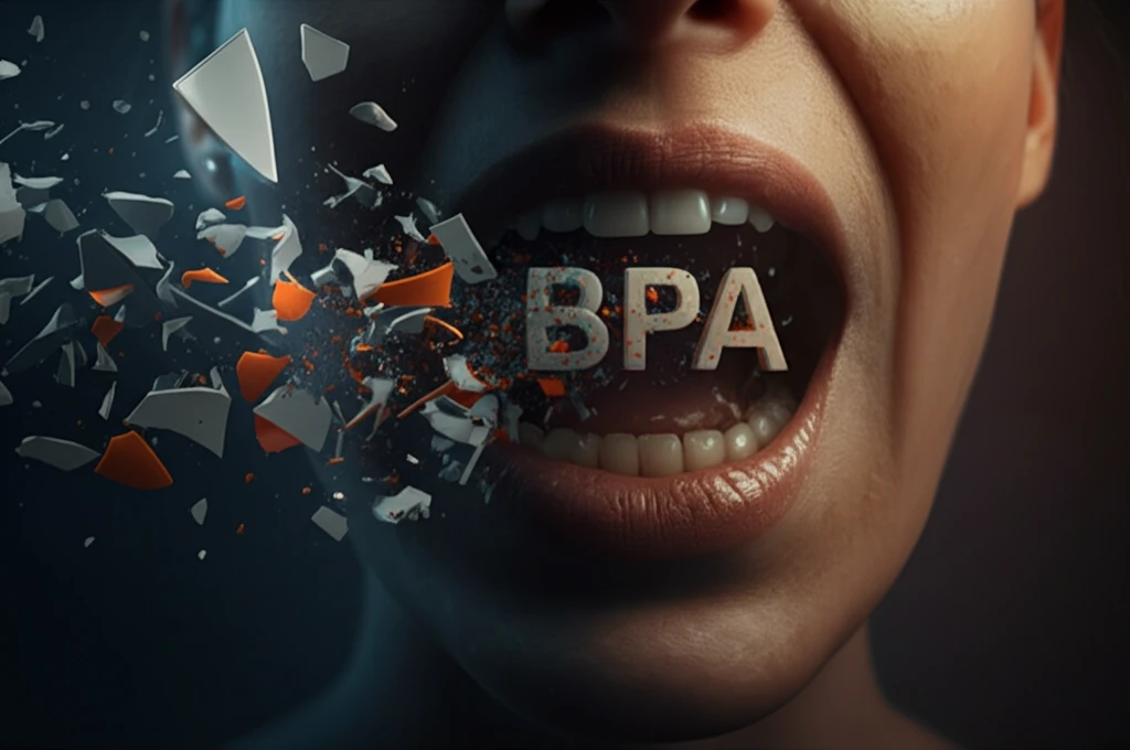 Surreal image of plastic fragments around a mouth symbolizing BPA exposure and potential health risks.