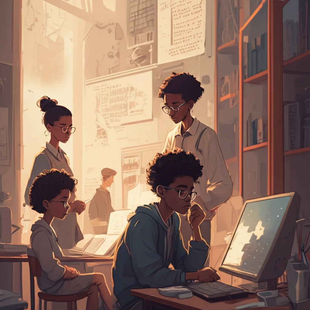 Diverse students collaborating on a futuristic project in a vibrant classroom.