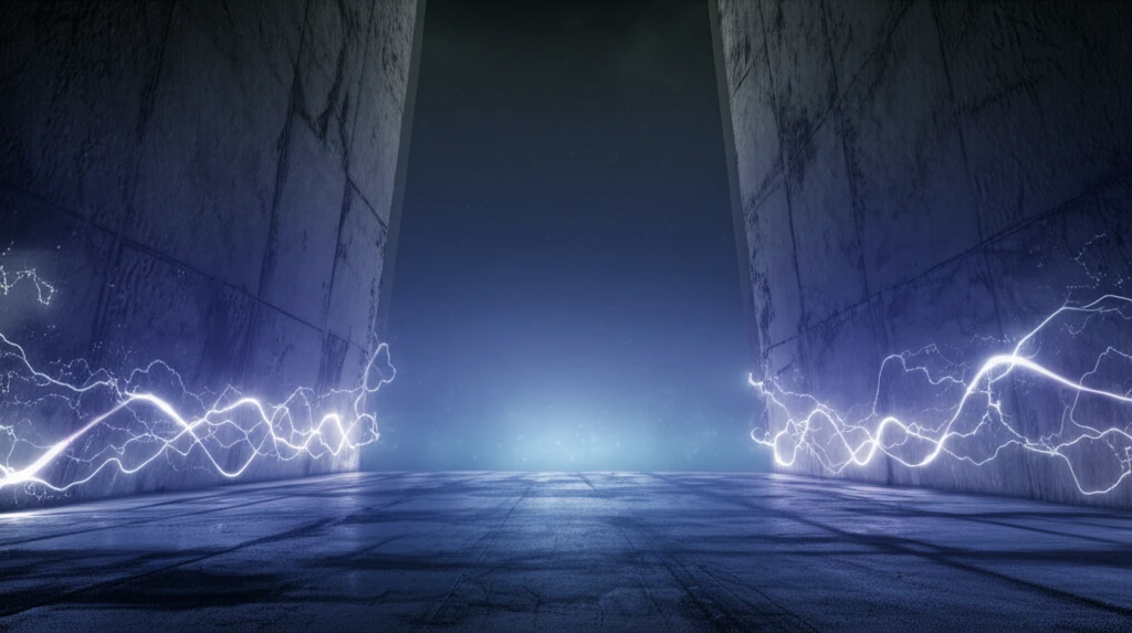 Electromagnetic waves confined to a glowing line between two textured surfaces.