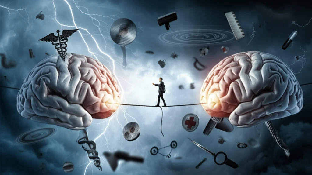 Person walking a tightrope between brain hemispheres, symbolizing stroke risk assessment.