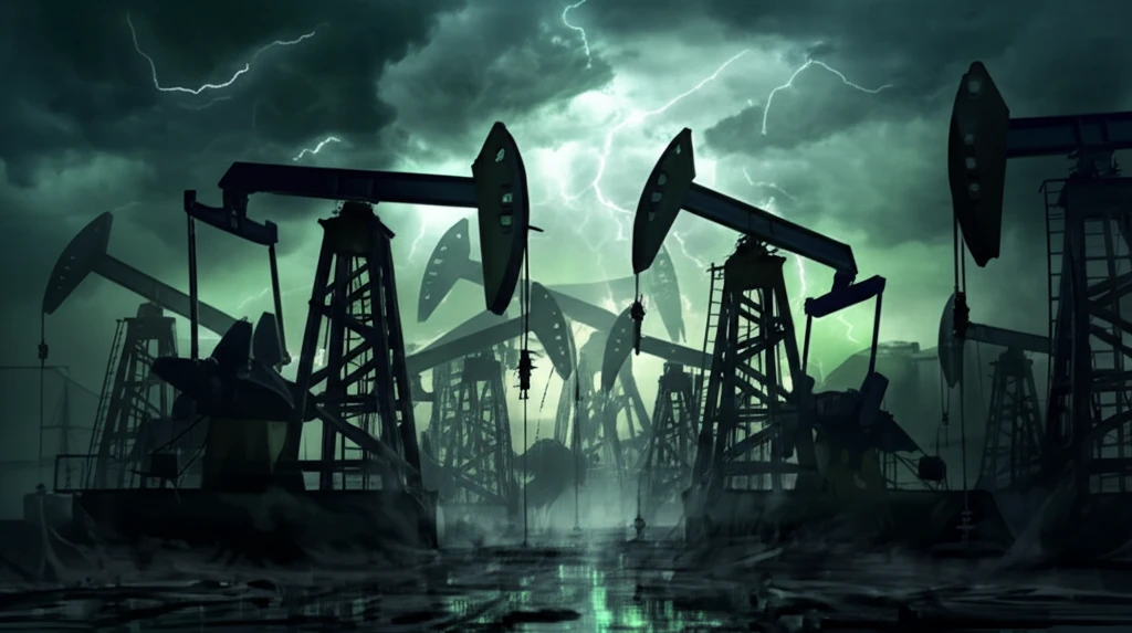 Surreal illustration of oil derricks merging under a stormy sky, symbolizing the clash between industry and environmental concerns.