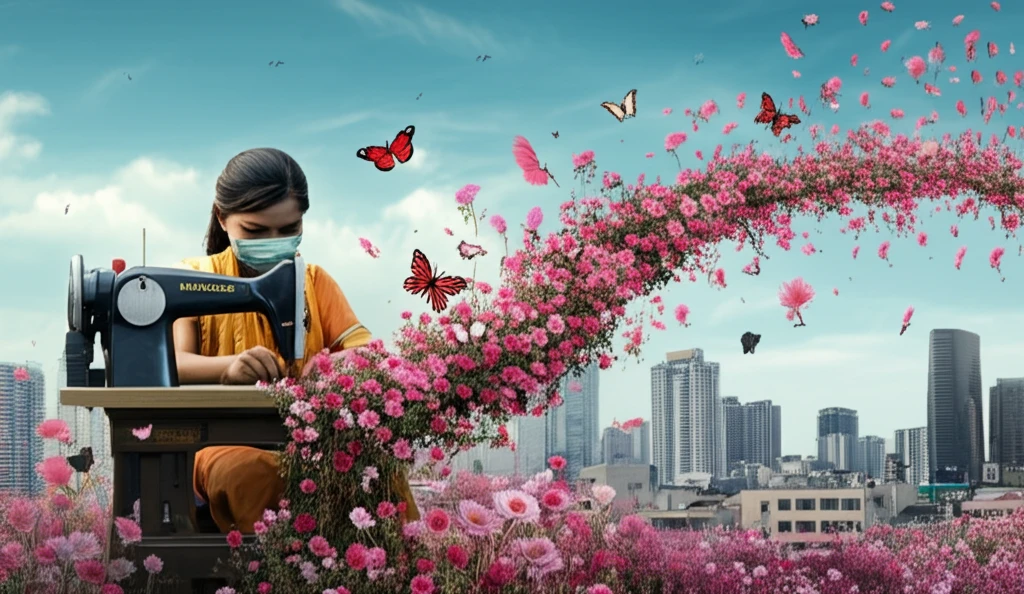 Ethical Manufacturing in Bangladesh: Sewing machines transformed into blooming flowers symbolize ethical production.