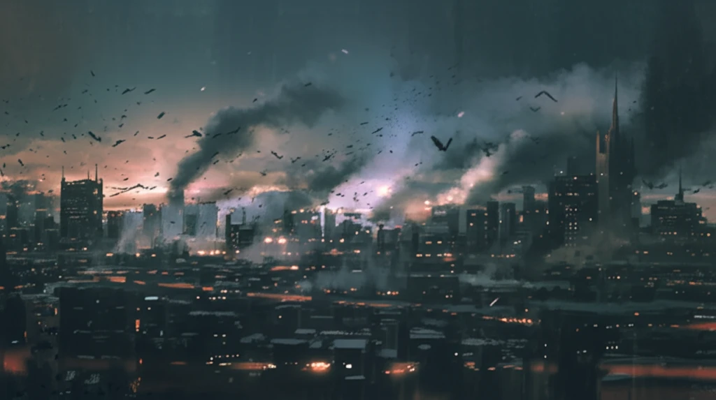 Surreal cityscape with chaotic wind dispersing smog, transitioning to clear skies.