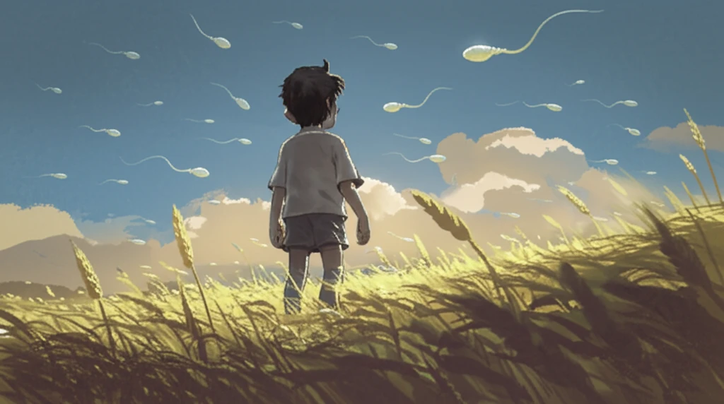 Hopeful boy with hypogonadism looking at a field of wheat symbolizing sperm.