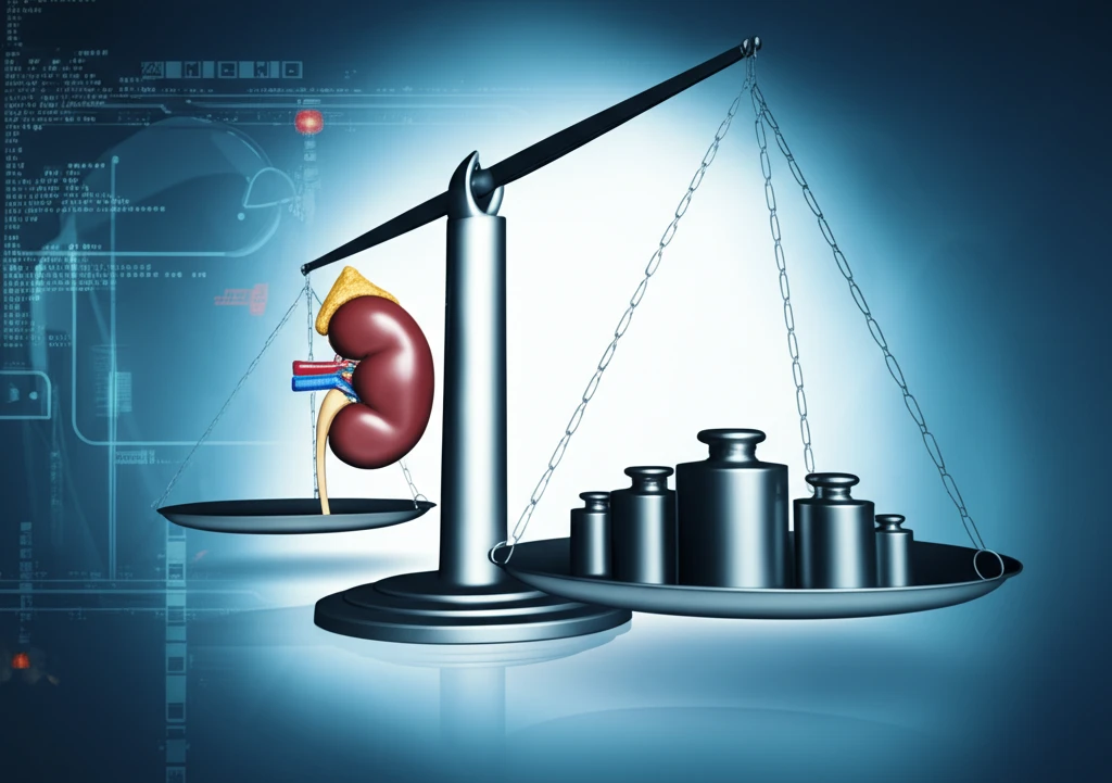 Conceptual illustration of imipenem dosing balance with kidney and weights.