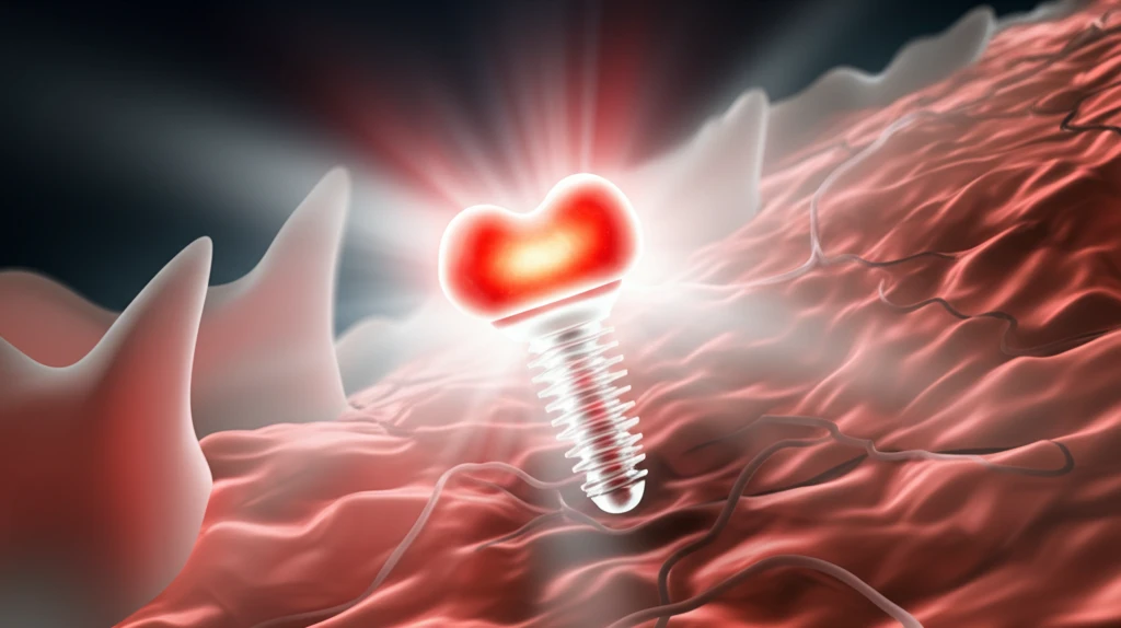 Glowing red phosphorus bone implant surrounded by light beams promoting bone regeneration.