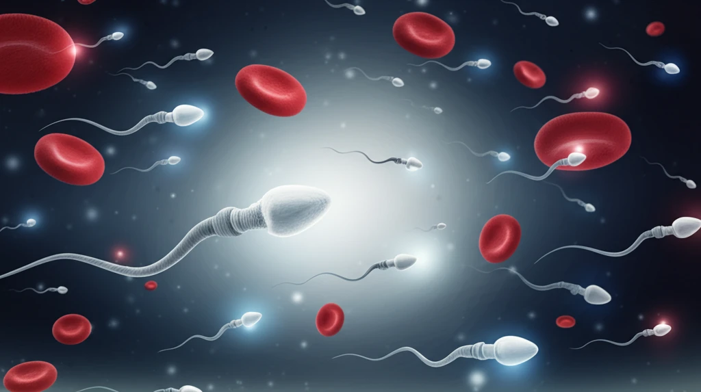 Microscopic view of sperm and white blood cells symbolizing male infertility.