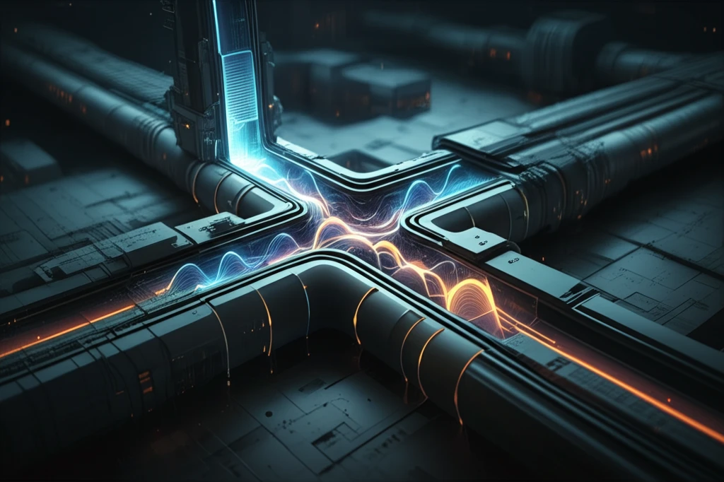 Futuristic pipe system suppressing energy waves with glowing bandgap regions.