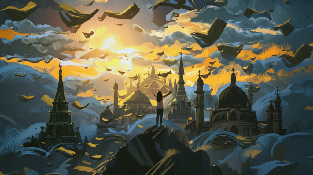 A person overlooking a landscape of diverse religious structures, symbolizing spiritual exploration.