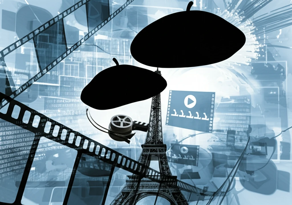 Surreal blend of French film and digital elements illustrating France's challenge of balancing cultural heritage with the digital era.