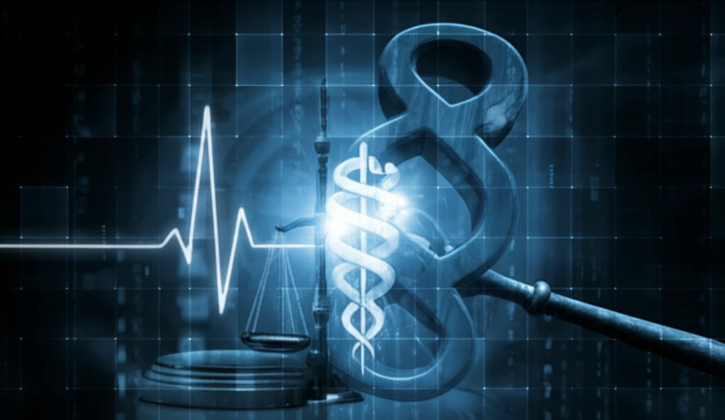 Symbolic representation of law, medicine, and ethics intersecting in end-of-life decisions.