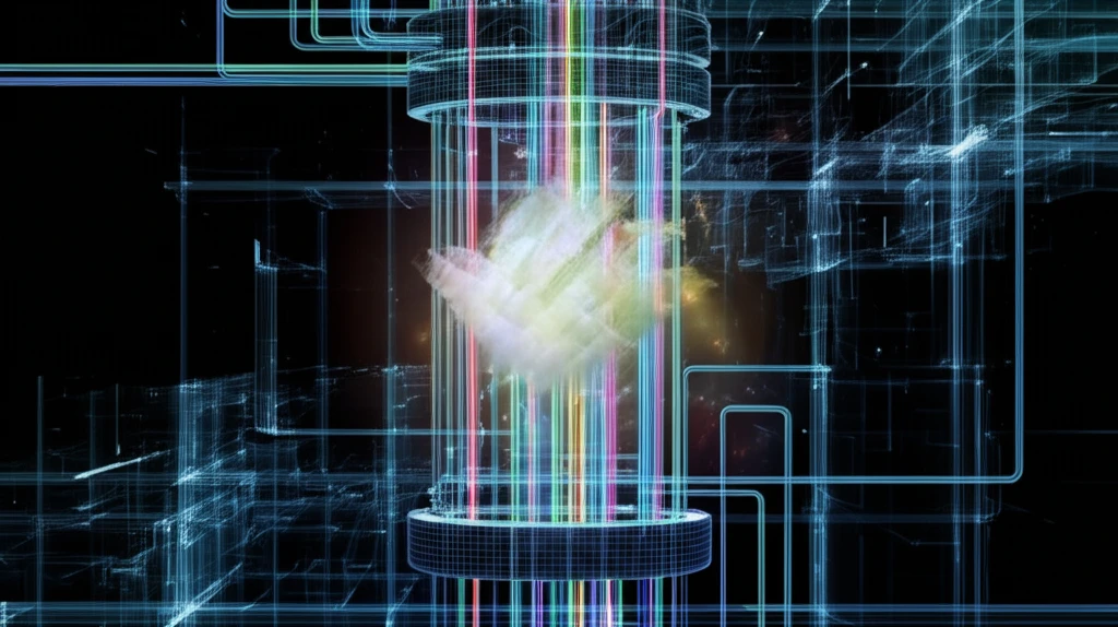 Futuristic chemical absorption column with digital visualizations.