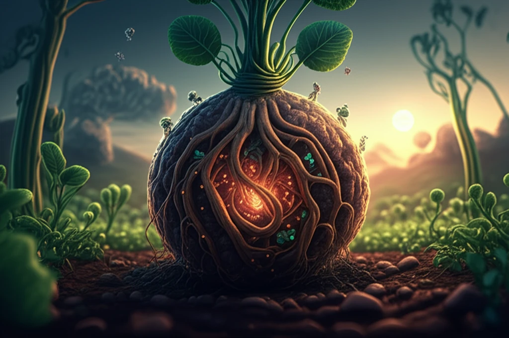 Illustration of a glowing legume root nodule with beneficial bacteria enhancing plant growth.