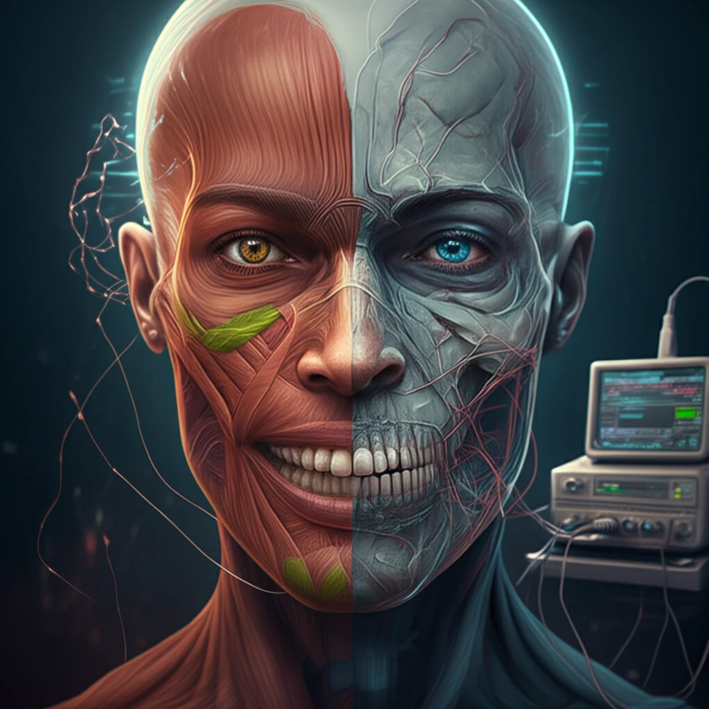 Illustration showing one side of face with a natural smile and electric pulses for muscle activity, other side shows muscle disfunction and no pulses