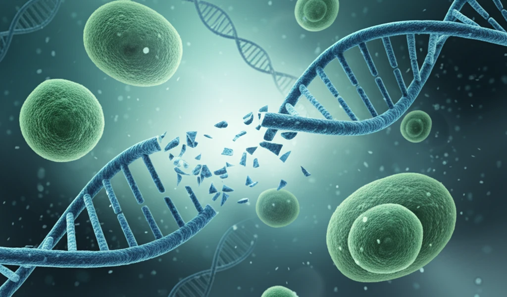 Microscopic view of cells with DNA strands symbolizing cell line instability.