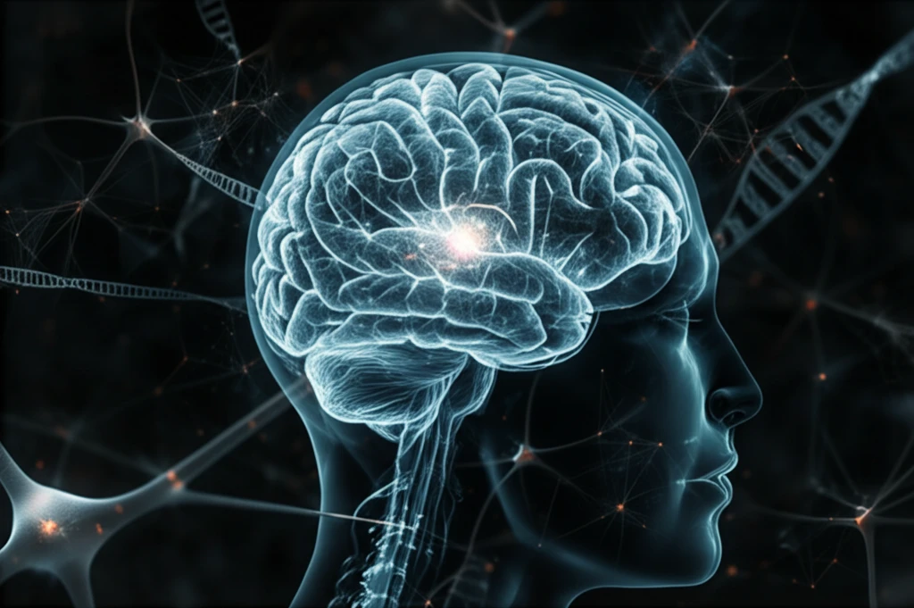 Surreal illustration of a brain highlighting deep white matter and genetic connections.