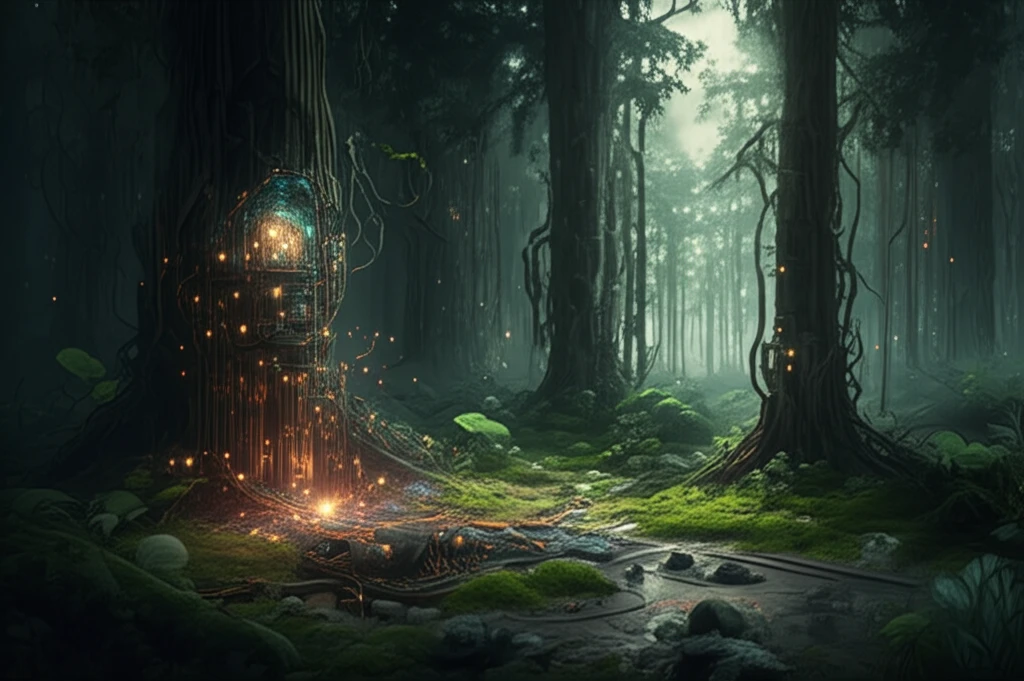 Surreal image of circuits integrated into a forest, representing the Internet of Things.