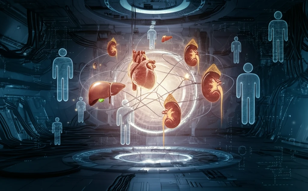 Futuristic illustration of interconnected organs floating in a sterile environment, symbolizing xenotransplantation.