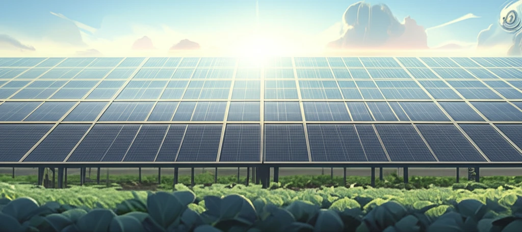 Agrivoltaic system: Solar panels integrated into a vibrant agricultural field.