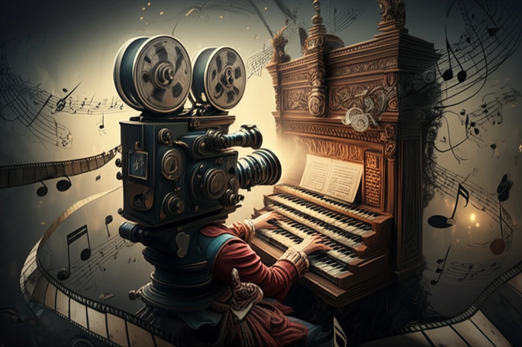 Surreal illustration of a camera filming Bach at an organ, blending cinema and music.