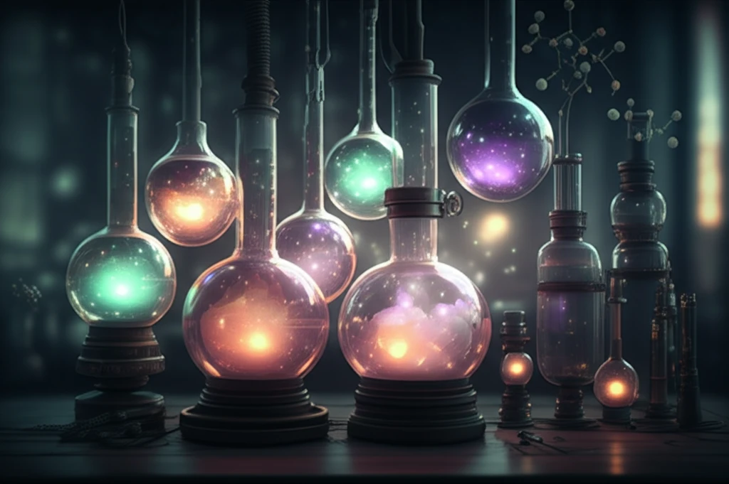 Interconnected glassware with glowing liquids, symbolizing ionic liquid research.