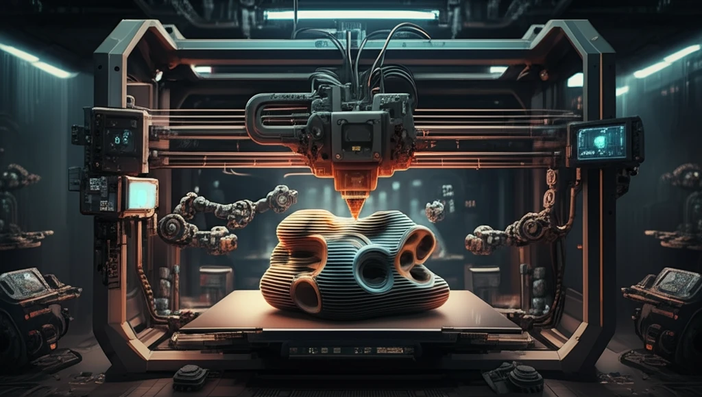 3D printer creating a complex object with dynamically adjusting layers.
