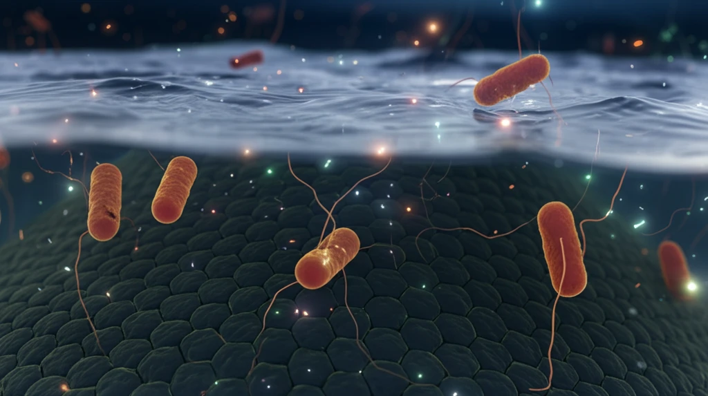 Microscopic bacteria generating electricity on a carbon electrode in wastewater.