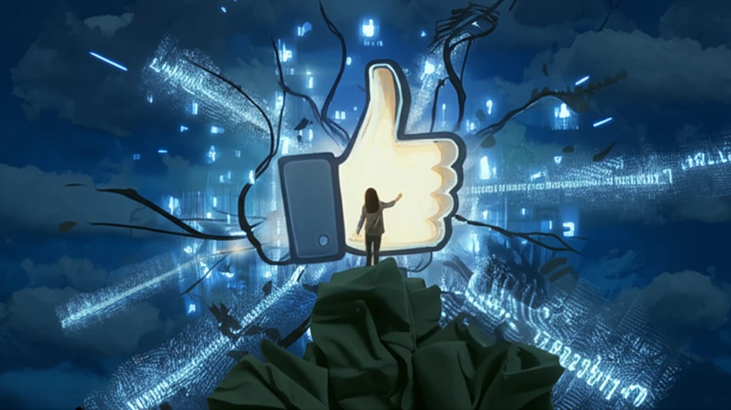Person trapped inside a Facebook like button, surrounded by data streams.
