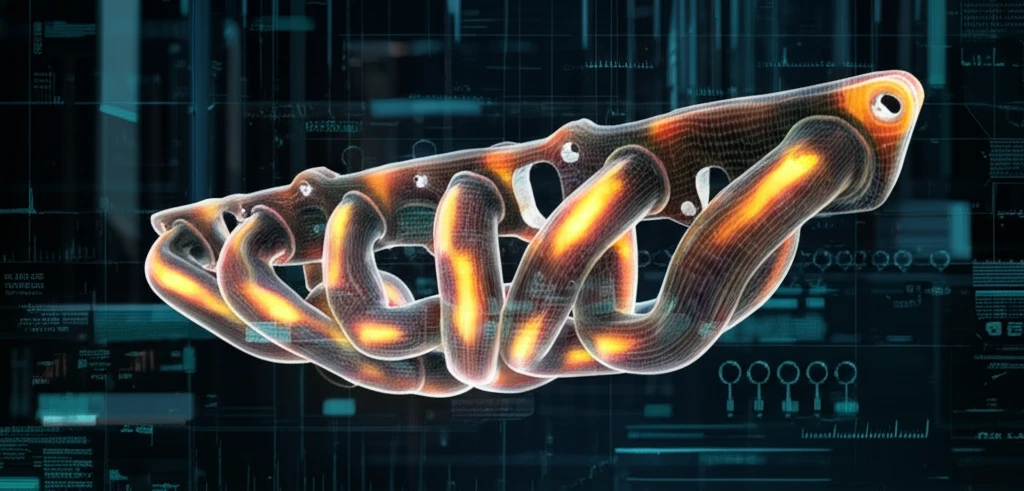Engine exhaust manifold with heat stress patterns overlaid with simulation data.