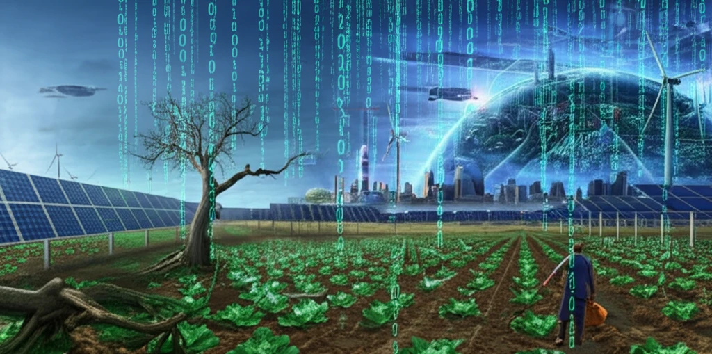 Surreal illustration of a farmer in a genetically modified field.