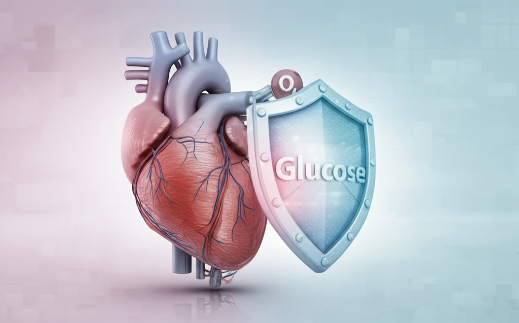 Heart protected from diabetes-related damage with a glucose molecule and a shield.
