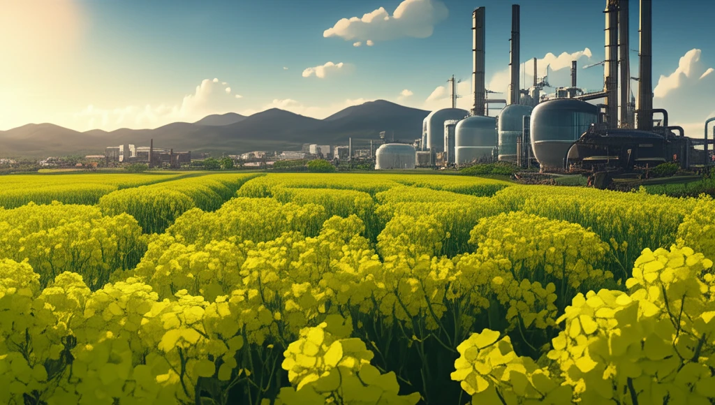 A field of yellow mustard flowers morphing into biofuel at a futuristic refinery.