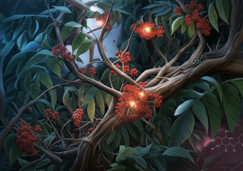Surreal illustration of Euodia rutaecarpa, AhR proteins, and bile acid molecules symbolizing metabolic harmony.