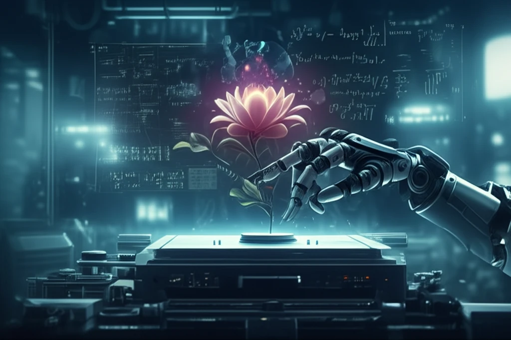 Robotic arm gently touching a flower, illustrating precision and sensitivity through impedance control.