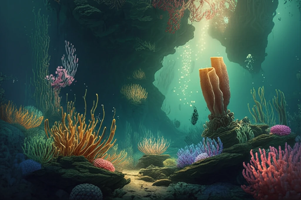A vibrant and surreal illustration of an ancient Permian reef ecosystem.
