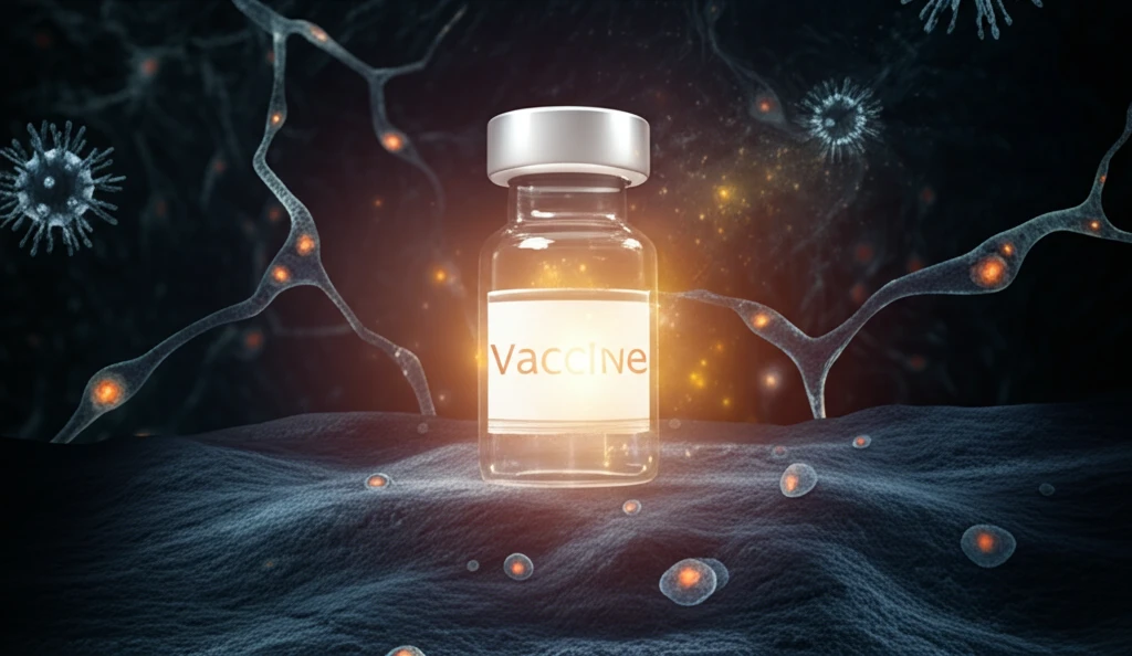 Glowing vaccine vial surrounded by interconnected immune cells