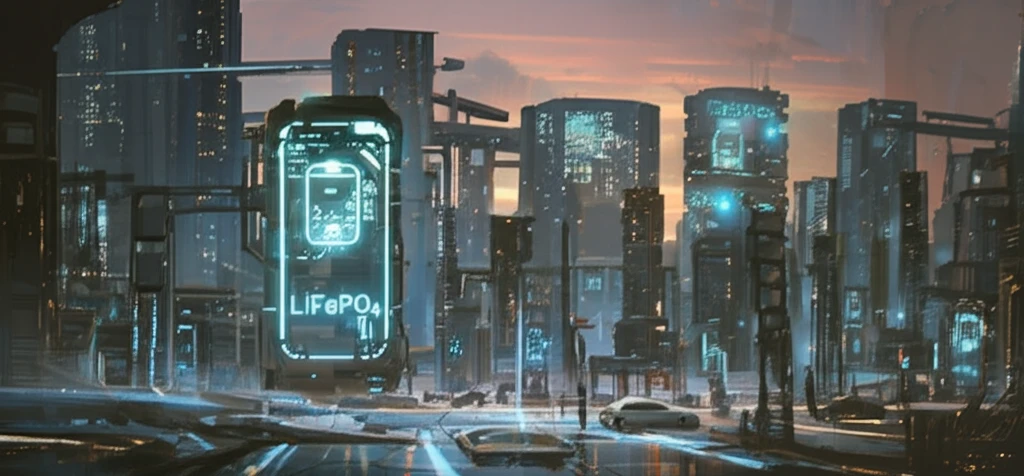 Futuristic cityscape powered by LiFePO4 batteries