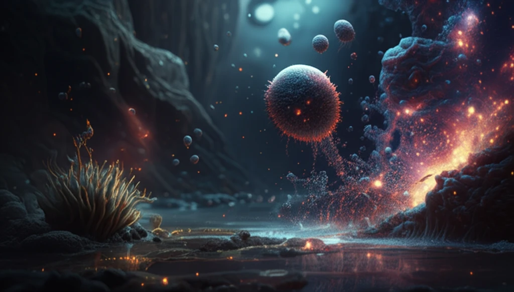 Microscopic iron particles interacting with microbial life.